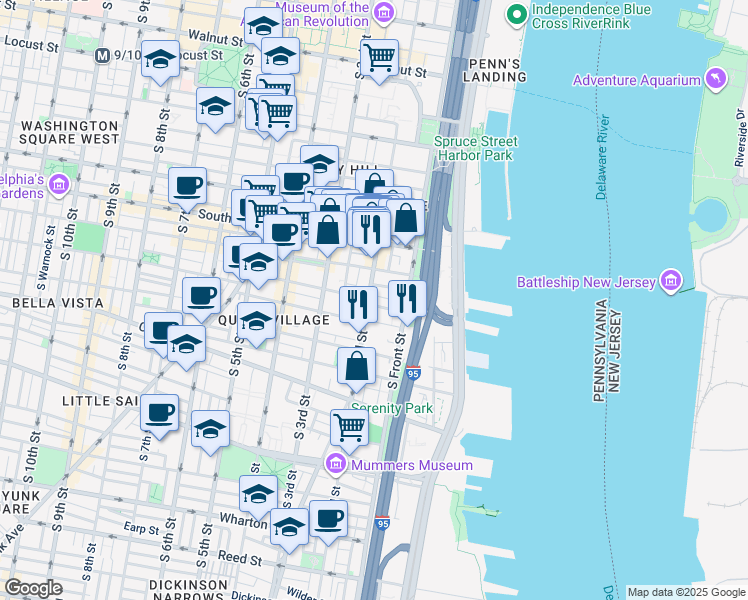 map of restaurants, bars, coffee shops, grocery stores, and more near 733 South 2nd Street in Philadelphia
