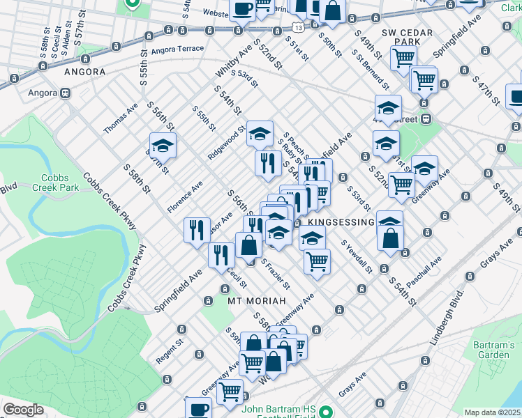 map of restaurants, bars, coffee shops, grocery stores, and more near 5535 Springfield Avenue in Philadelphia