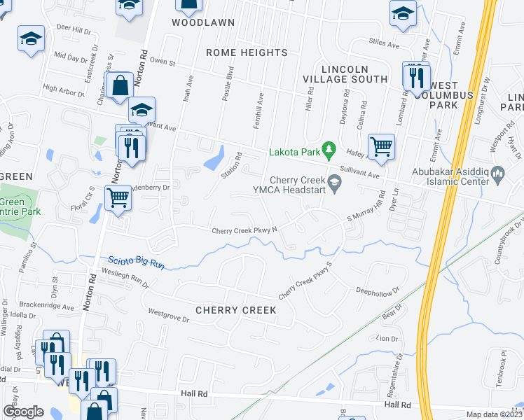 map of restaurants, bars, coffee shops, grocery stores, and more near 611 Evergreen Terrace in Columbus