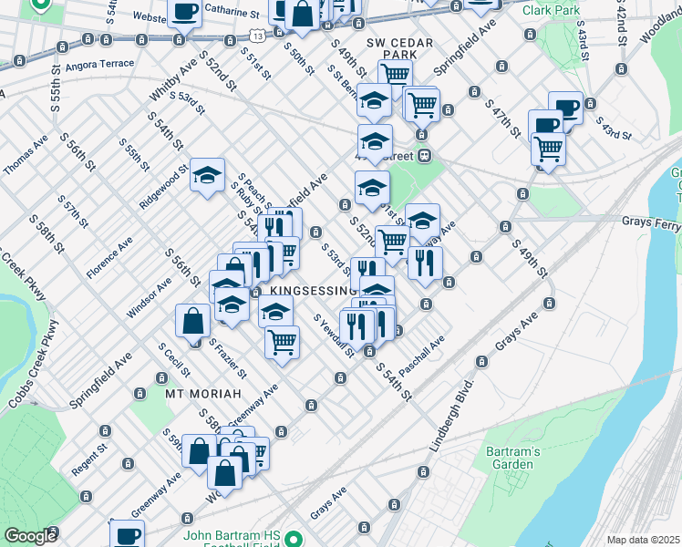 map of restaurants, bars, coffee shops, grocery stores, and more near 1504 South 53rd Street in Philadelphia
