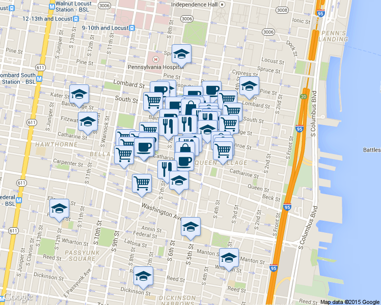 map of restaurants, bars, coffee shops, grocery stores, and more near 769 South 6th Street in Philadelphia