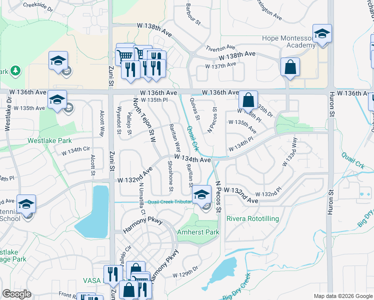 map of restaurants, bars, coffee shops, grocery stores, and more near 13401 Raritan Street in Westminster