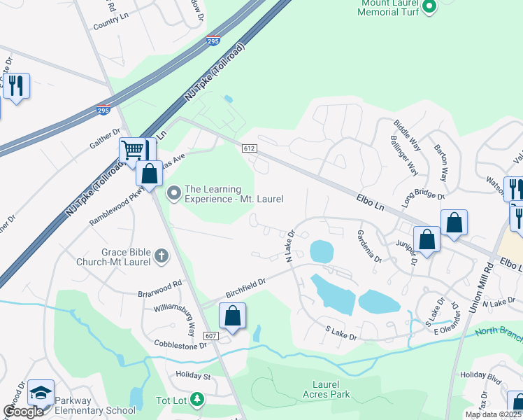 map of restaurants, bars, coffee shops, grocery stores, and more near 91A West Bluebell Lane in Mount Laurel Township
