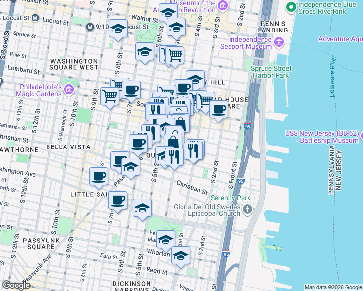 map of restaurants, bars, coffee shops, grocery stores, and more near in Philadelphia