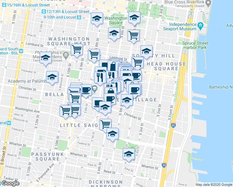 map of restaurants, bars, coffee shops, grocery stores, and more near 785 South 6th Street in Philadelphia