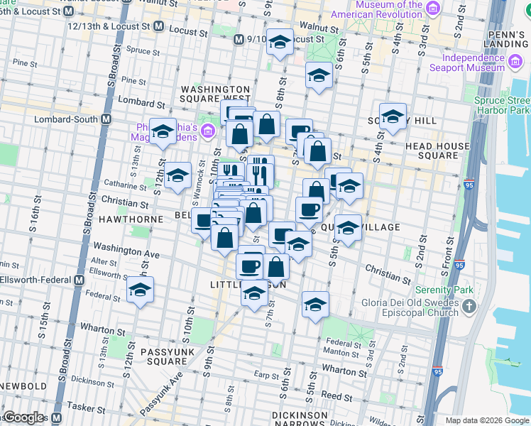 map of restaurants, bars, coffee shops, grocery stores, and more near 748 Catharine Street in Philadelphia