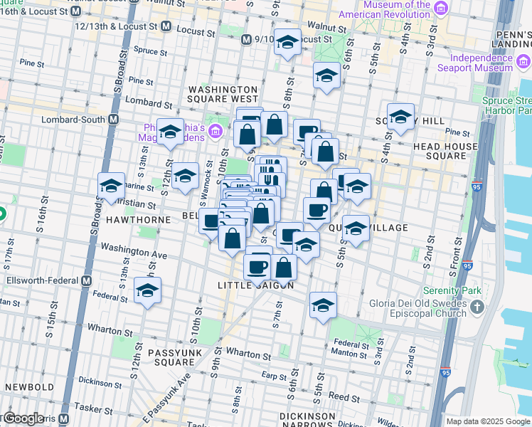 map of restaurants, bars, coffee shops, grocery stores, and more near 748 Catharine Street in Philadelphia