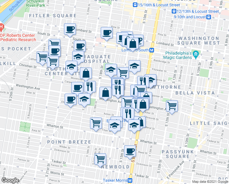 map of restaurants, bars, coffee shops, grocery stores, and more near 1022 South Chadwick Street in Philadelphia