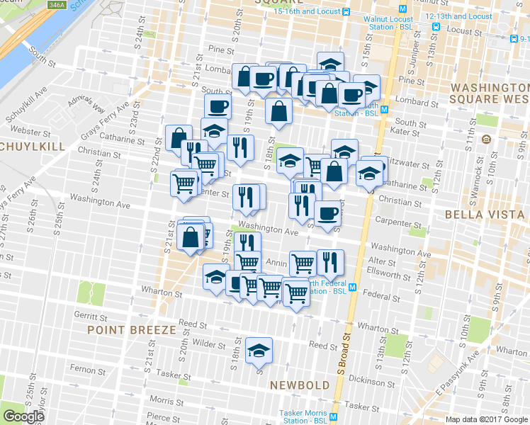 map of restaurants, bars, coffee shops, grocery stores, and more near 1035 South Bouvier Street in Philadelphia