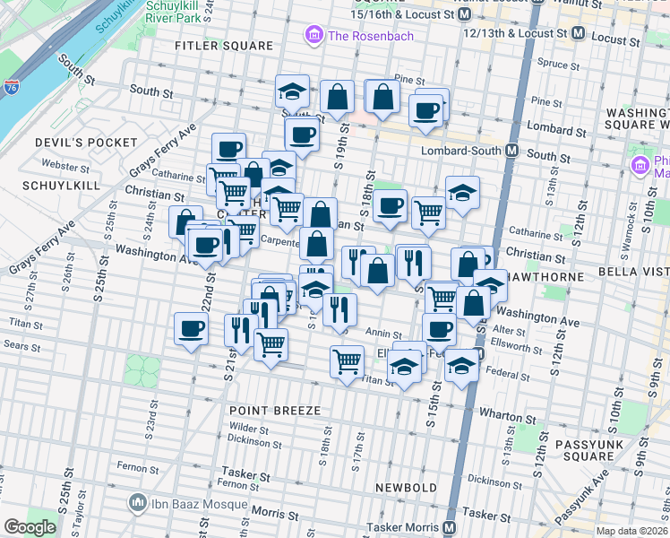 map of restaurants, bars, coffee shops, grocery stores, and more near 1047 Dorrance Street in Philadelphia
