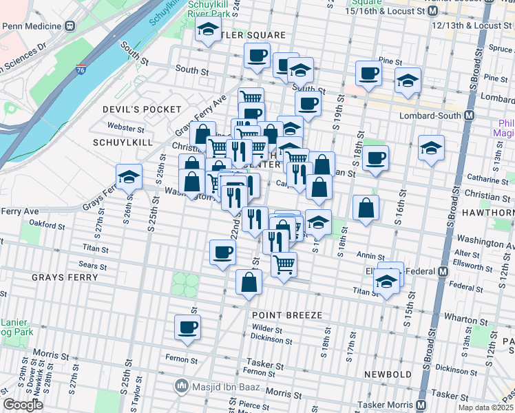 map of restaurants, bars, coffee shops, grocery stores, and more near 2100 Washington Avenue in Philadelphia