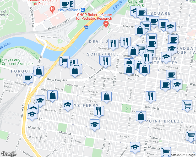 map of restaurants, bars, coffee shops, grocery stores, and more near 2614 Annin Street in Philadelphia
