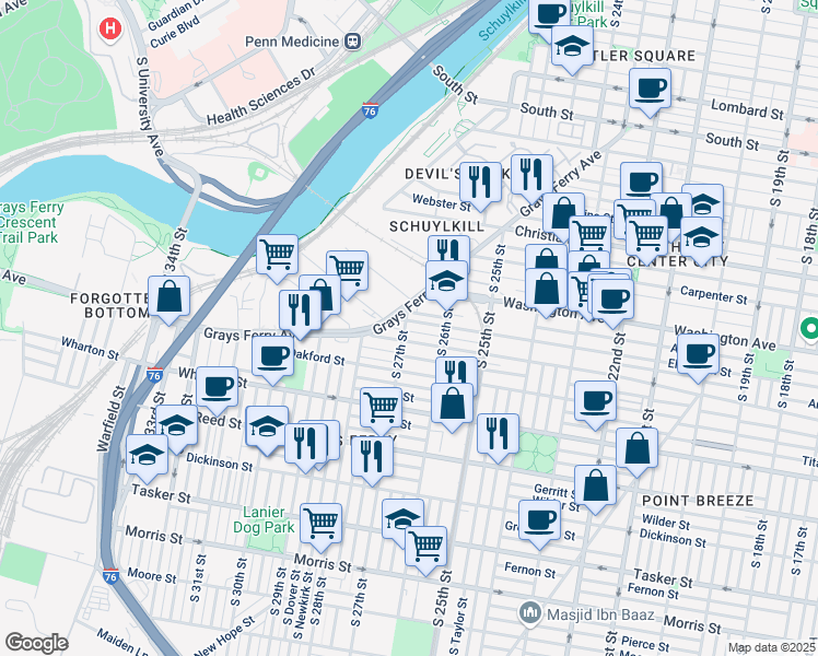 map of restaurants, bars, coffee shops, grocery stores, and more near 2614 Annin Street in Philadelphia