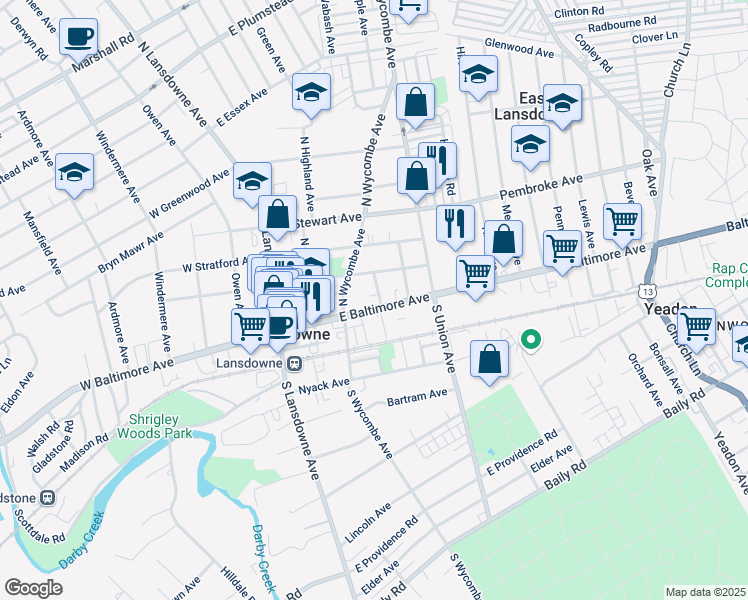 map of restaurants, bars, coffee shops, grocery stores, and more near 83 East Baltimore Avenue in Lansdowne