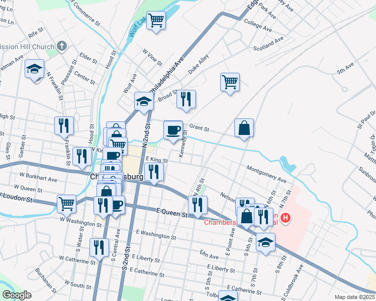 map of restaurants, bars, coffee shops, grocery stores, and more near 3 Falling Spring Creek in Chambersburg