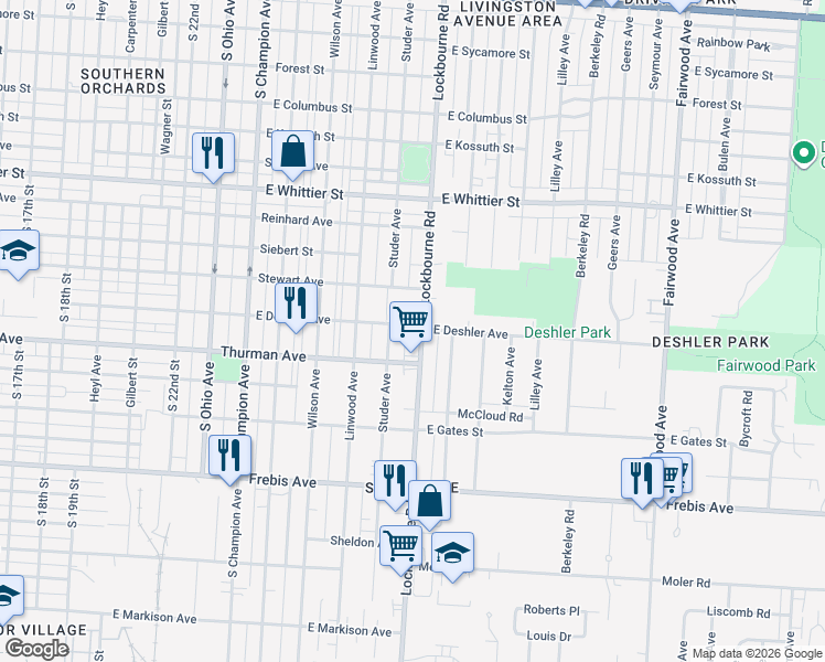 map of restaurants, bars, coffee shops, grocery stores, and more near 1302 Studer Avenue in Columbus