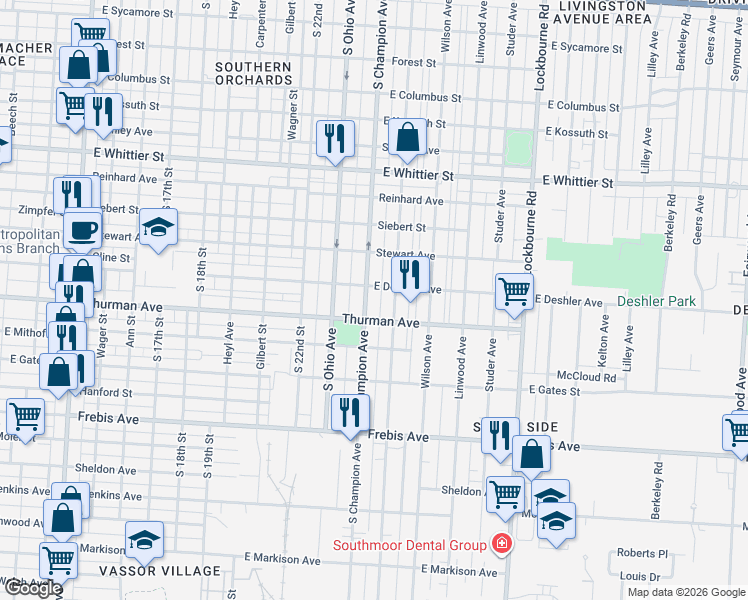 map of restaurants, bars, coffee shops, grocery stores, and more near 1269 South Champion Avenue in Columbus