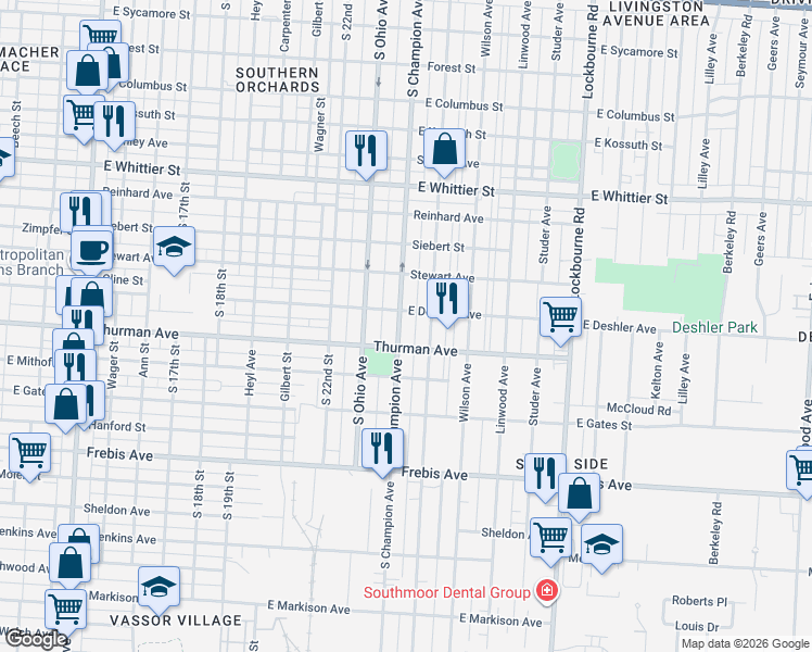 map of restaurants, bars, coffee shops, grocery stores, and more near 1269 South Champion Avenue in Columbus