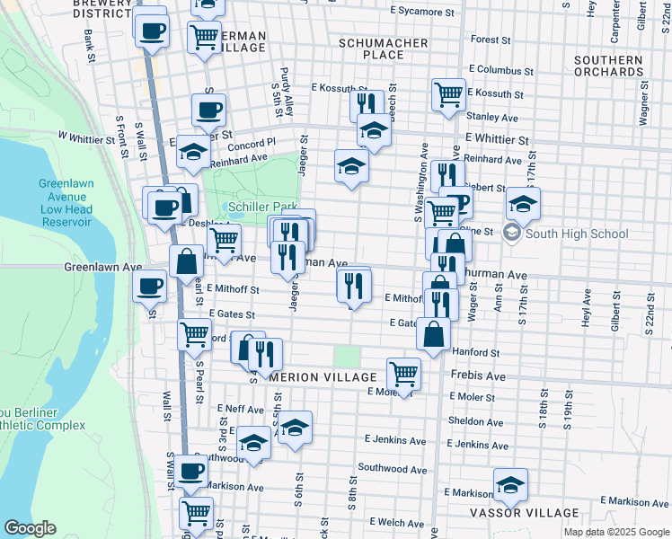 map of restaurants, bars, coffee shops, grocery stores, and more near 265 Thurman Avenue in Columbus