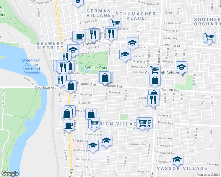 map of restaurants, bars, coffee shops, grocery stores, and more near in Columbus
