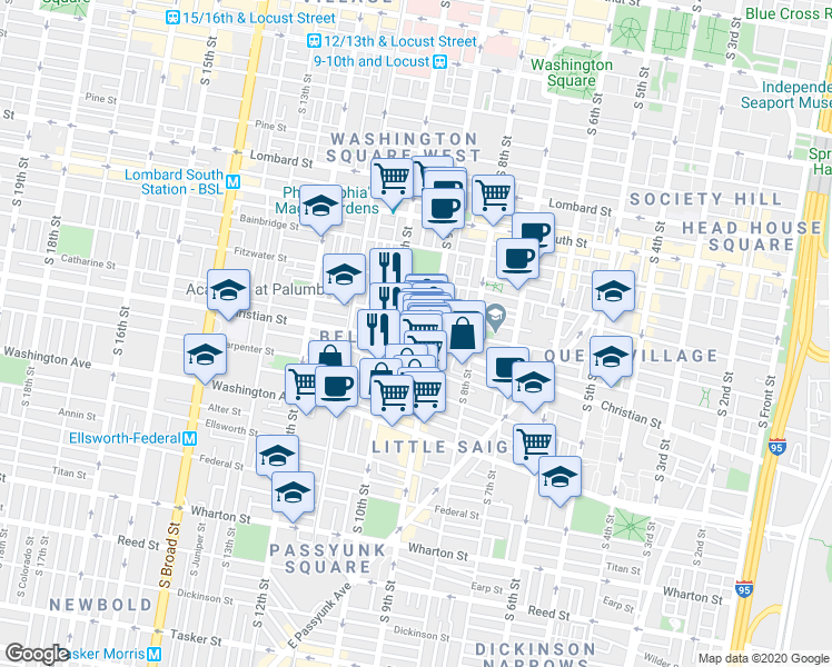 map of restaurants, bars, coffee shops, grocery stores, and more near 823 South Hutchinson Street in Philadelphia