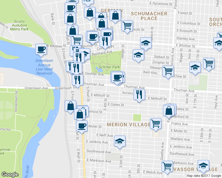 map of restaurants, bars, coffee shops, grocery stores, and more near 157 Thurman Avenue in Columbus