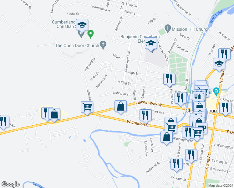 map of restaurants, bars, coffee shops, grocery stores, and more near 634 Bishop Avenue in Chambersburg