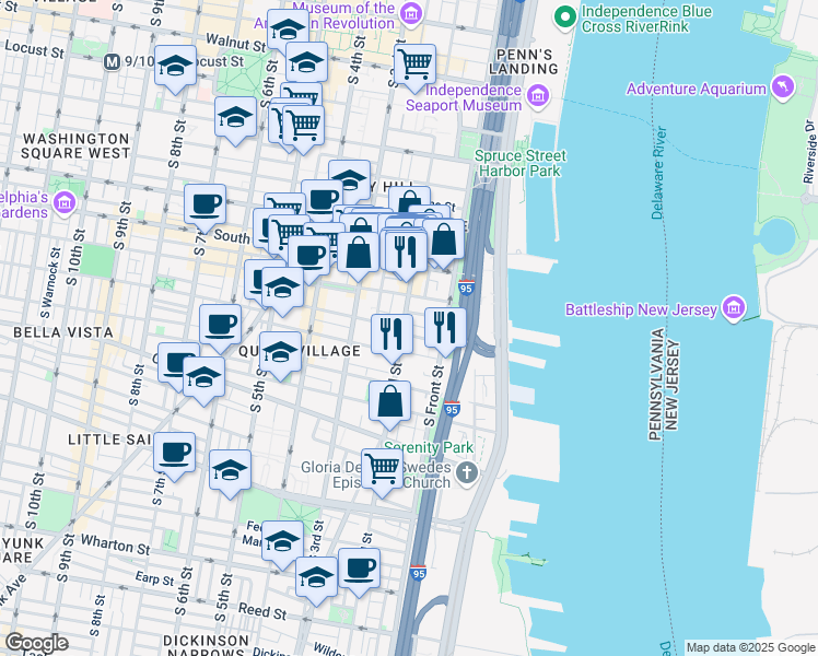 map of restaurants, bars, coffee shops, grocery stores, and more near 733 South 2nd Street in Philadelphia