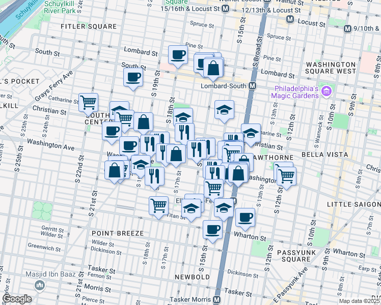 map of restaurants, bars, coffee shops, grocery stores, and more near 1009 South Chadwick Street in Philadelphia