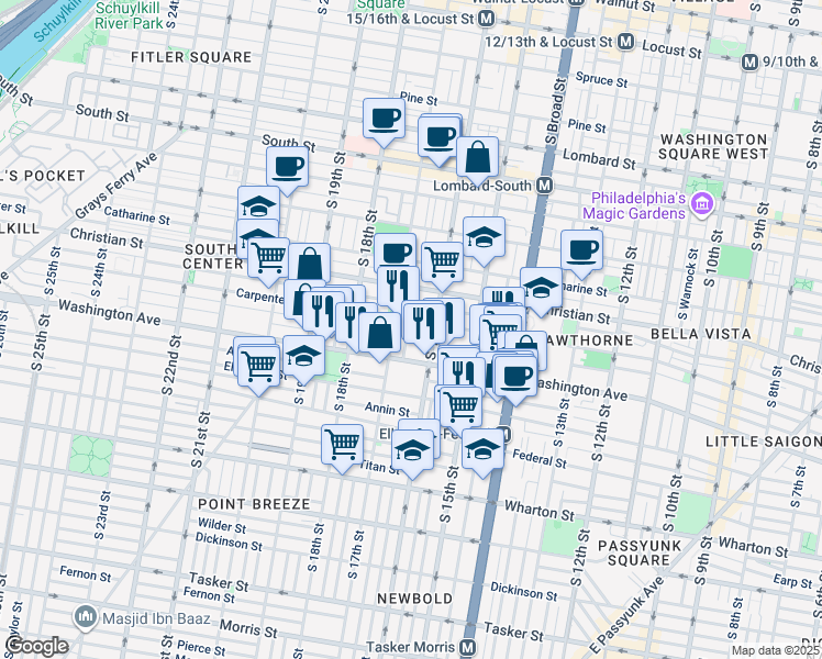 map of restaurants, bars, coffee shops, grocery stores, and more near 1009 South Chadwick Street in Philadelphia