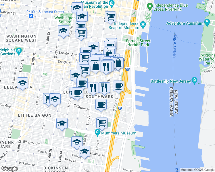 map of restaurants, bars, coffee shops, grocery stores, and more near South 2nd Street & Monroe Street in Philadelphia