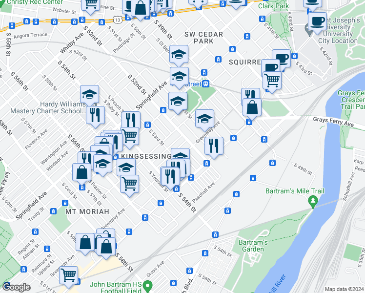 map of restaurants, bars, coffee shops, grocery stores, and more near 5220 Upland Street in Philadelphia