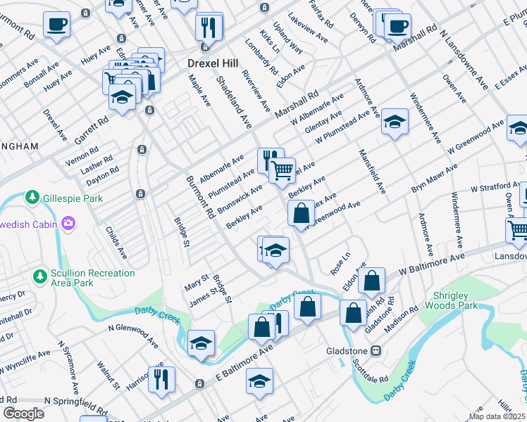 map of restaurants, bars, coffee shops, grocery stores, and more near 3228 Berkley Avenue in Drexel Hill