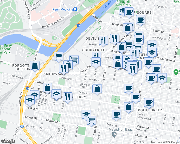 map of restaurants, bars, coffee shops, grocery stores, and more near 2634 Ellsworth Street in Philadelphia
