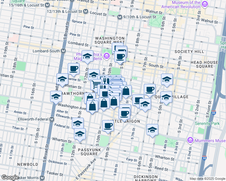 map of restaurants, bars, coffee shops, grocery stores, and more near 823 South Hutchinson Street in Philadelphia