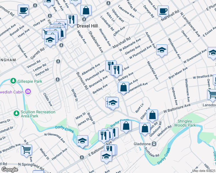 map of restaurants, bars, coffee shops, grocery stores, and more near 3228 Berkley Avenue in Drexel Hill