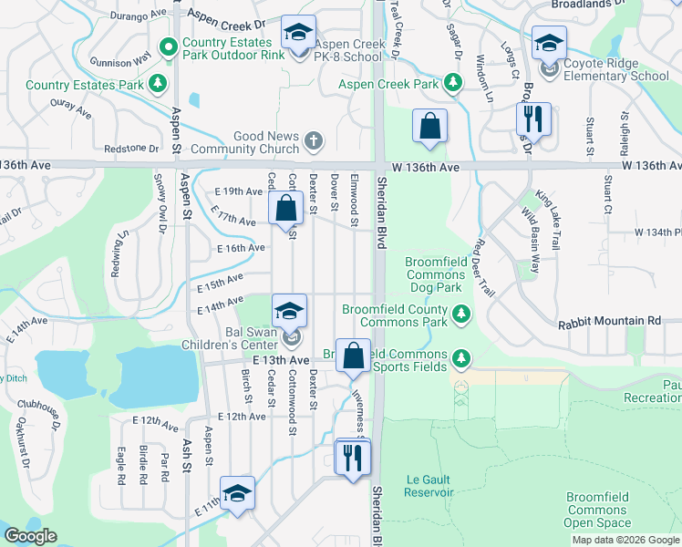 map of restaurants, bars, coffee shops, grocery stores, and more near 1440 Elmwood Street in Broomfield