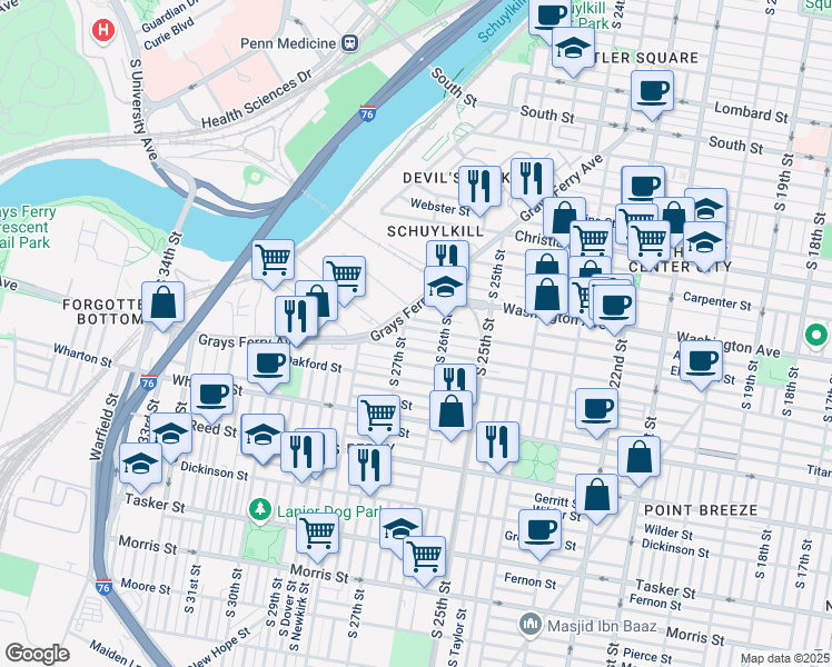 map of restaurants, bars, coffee shops, grocery stores, and more near 2638 Ellsworth Street in Philadelphia