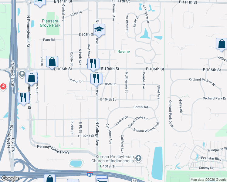 map of restaurants, bars, coffee shops, grocery stores, and more near 10407 Bellefontaine Street in Indianapolis