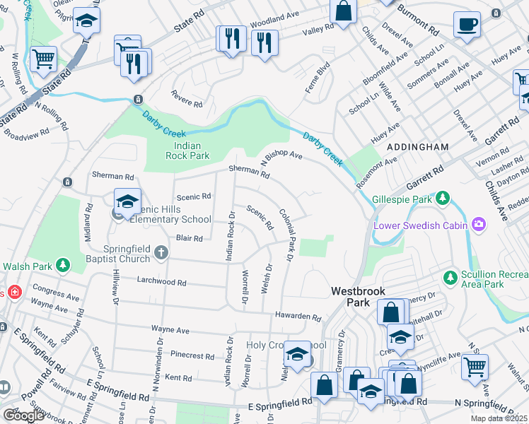 map of restaurants, bars, coffee shops, grocery stores, and more near 539 Scenic Road in Springfield