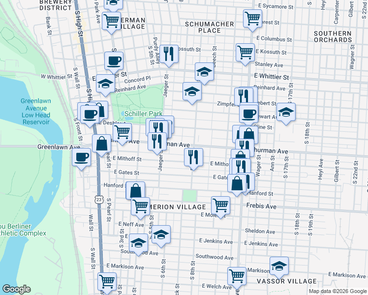 map of restaurants, bars, coffee shops, grocery stores, and more near 265 Thurman Avenue in Columbus