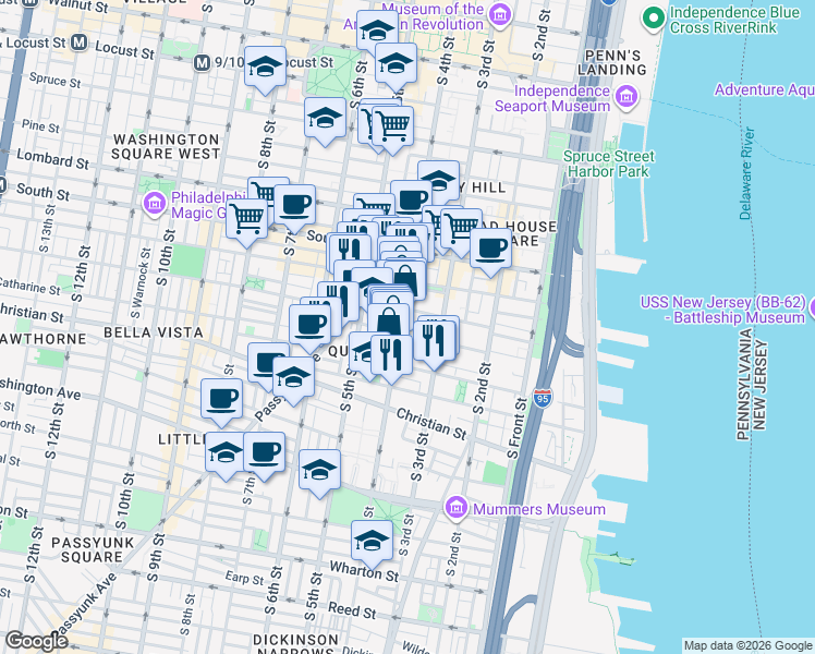 map of restaurants, bars, coffee shops, grocery stores, and more near in Philadelphia