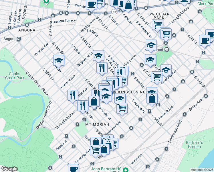 map of restaurants, bars, coffee shops, grocery stores, and more near 1412 South 55th Street in Philadelphia