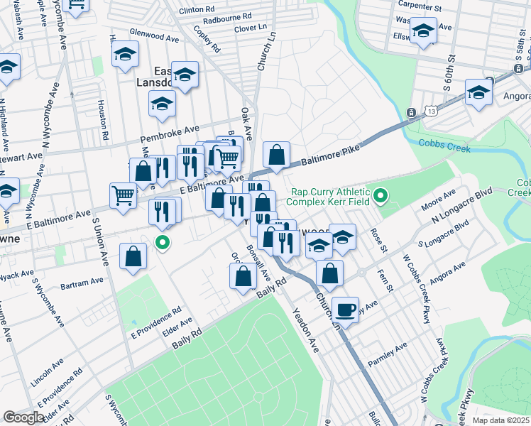 map of restaurants, bars, coffee shops, grocery stores, and more near 410 Holly Road in Yeadon