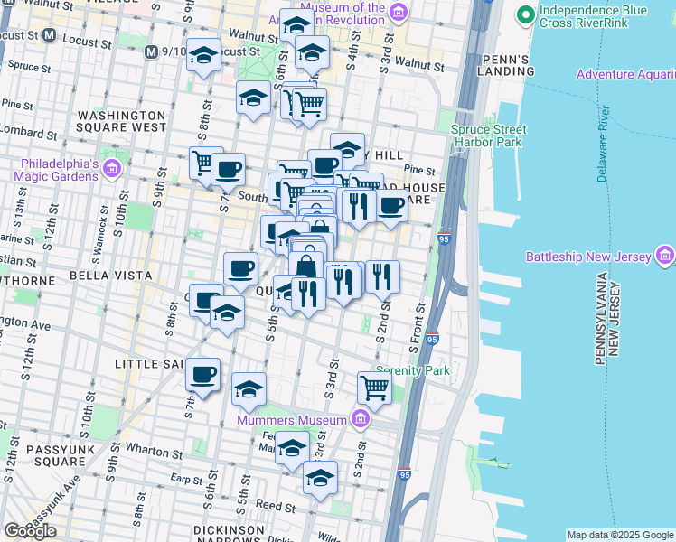 map of restaurants, bars, coffee shops, grocery stores, and more near 314 Pemberton Street in Philadelphia