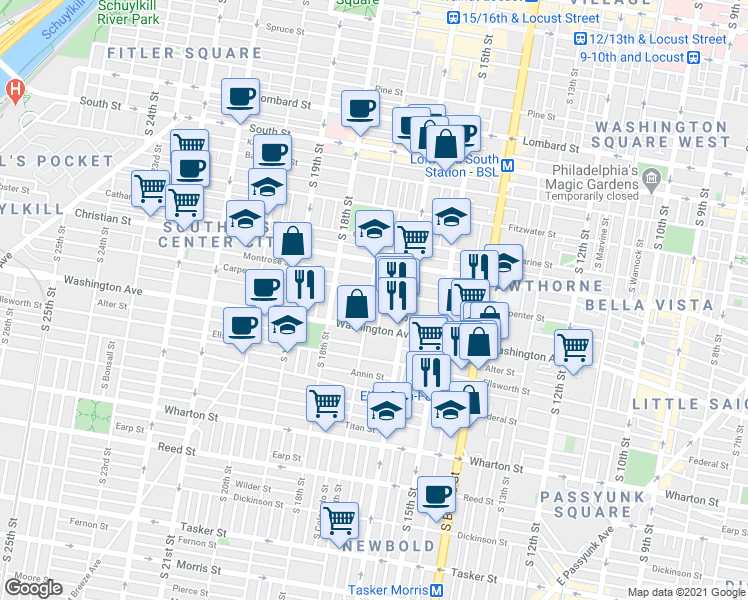 map of restaurants, bars, coffee shops, grocery stores, and more near 1009 South 17th Street in Philadelphia