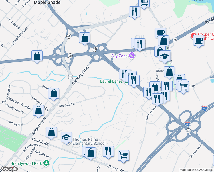 map of restaurants, bars, coffee shops, grocery stores, and more near 17 Brookdale Drive in Cherry Hill