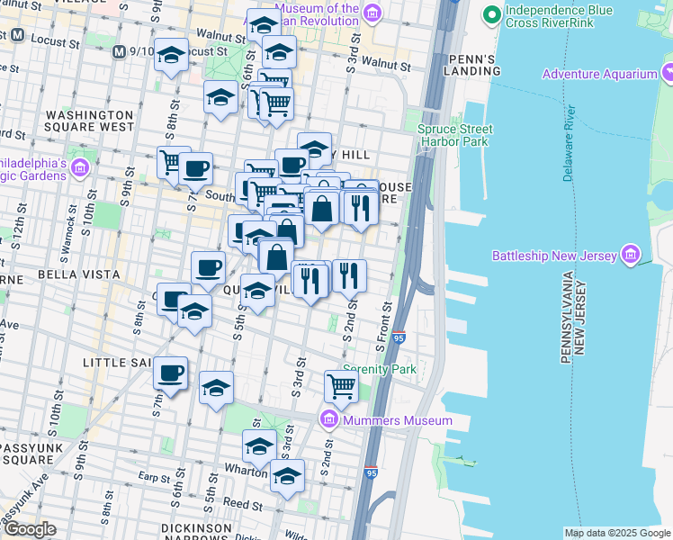 map of restaurants, bars, coffee shops, grocery stores, and more near 230 Monroe Street in Philadelphia