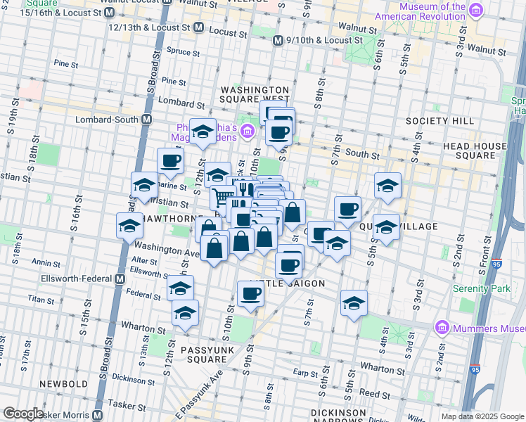 map of restaurants, bars, coffee shops, grocery stores, and more near 821 South Hutchinson Street in Philadelphia