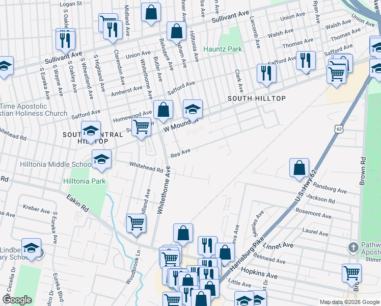 map of restaurants, bars, coffee shops, grocery stores, and more near 2047 Rea Avenue in Columbus